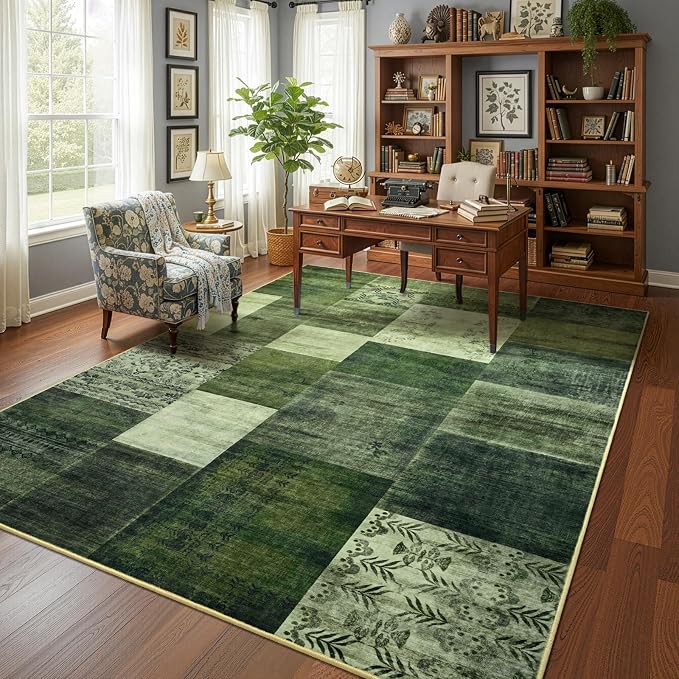 DweIke Washable Area Rugs 9x12 for Living Room, Large Modern Geometric Green Soft Patchwork Carpet, Non-Slip Stain Resistant Throw Rug for Bedroom Dining Room Office Home Decor