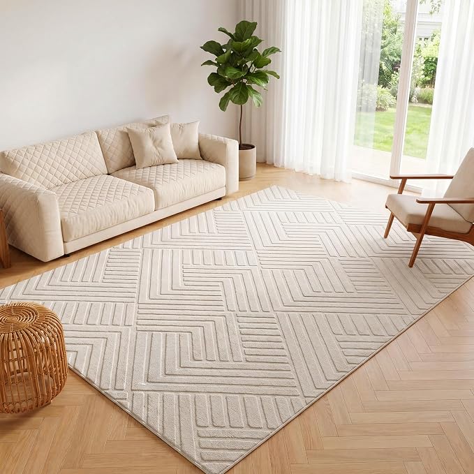Bsmathom 6x9 Washable Area Rug, Boho Neutral Modern Soft Carpet Mat, Beige | Machine Washable, Low Pile Fluffy Plush, Non-slip, Geometric Textured, For Living Dining Kids Room Bedroom Indoor Dorm