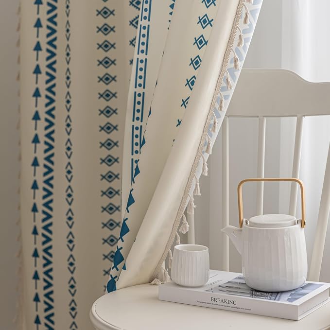 Blue Geometric Curtains 102 Inches Long, Boho Farmhouse Light Filtering Rod Pocket Drapes with Tassel Trim for Bedroom Living Room, 2 Panels