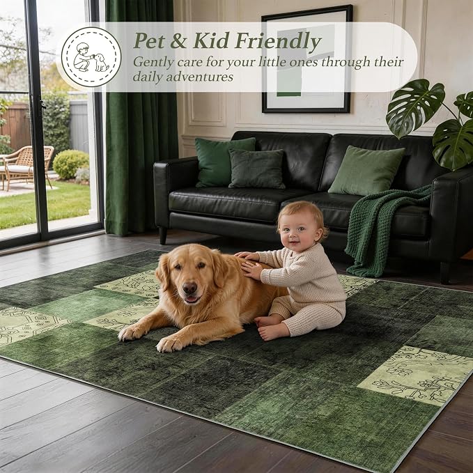 LIANLAM 2x3 Washable Entryway Rug,Non-Slip Indoor Door Mat with Vintage Boho Checkered Pattern, Stain & Water Resistant Faux Wool Low Pile for Front Door,Hall,Kitchen,Bathroom - Easy Clean(2x3,Green)