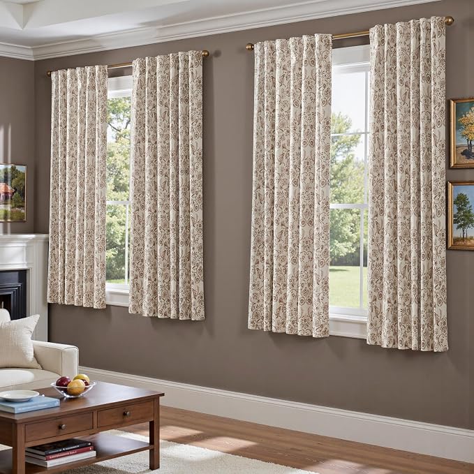jinchan Taupe Floral Blackout Curtains 63 Inch Farmhouse Back Tab 2 Panels | Taupe on beige, room darkening, traditional vintage drapes, bedroom, living room, botanical, flower print, window treatment