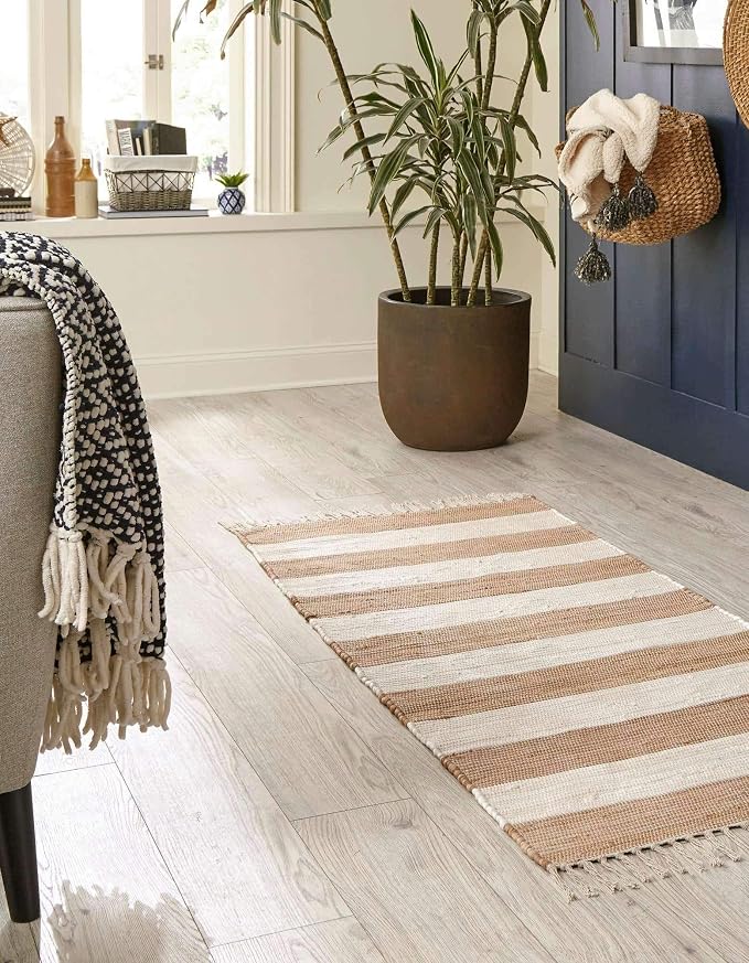 Unique Loom Chindi Rag Collection Area Rug - Striped (2' 2" x 10' Runner, Beige/ Ivory)
