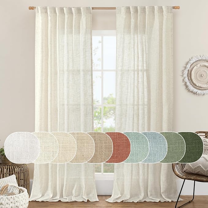 LAMIT Ivory 90 Inches Long Linen Sheer Curtains for Living Room, Back Tab and Rod Pocket Natural Curtains Light Filtering Boho Panels for Bedroom/Dining Room, Set of 2, 52 x 90 Inch