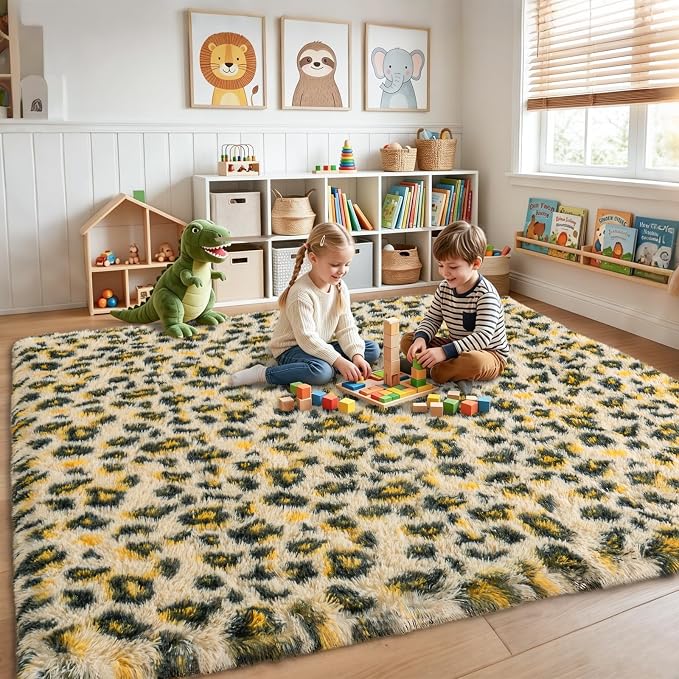 Dssimo Fluffy Leopard Rug,6x9 Cheetah Rugs for Bedroom Living Room | Large Shag Faux Fur Rug, Animal Print Carpet with Non-Slip Backing, Soft Cozy Area Rug for Kids Room, Dorm & Playroom