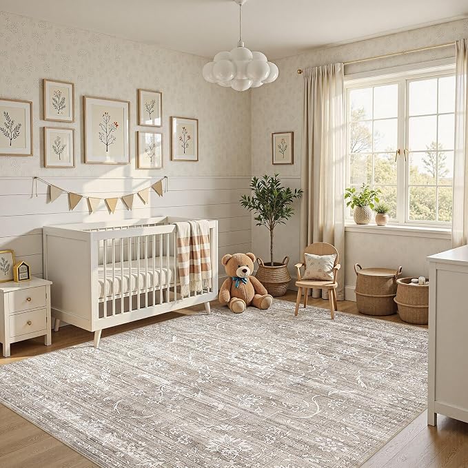Nakagishi 6x9 Area Rugs Living Room: Washable Large Vintage Rug Neutral Non-Slip Soft Stain Resistant Indoor Carpet for Bedroom Nursery Dining Room Office Playroom - Light Brown