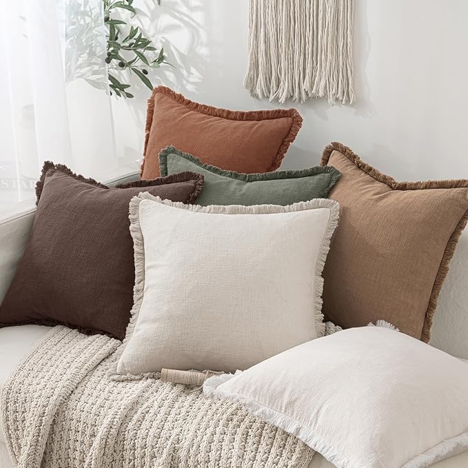 MIULEE Decorative Throw Pillow Covers Neutral Linen Fringe Throw Pillows Set of 2 Dark Brown Boho Farmhouse Cushion Covers with Tassels for Couch Sofa Bed Living Room Fall Decor 18x18 Inch