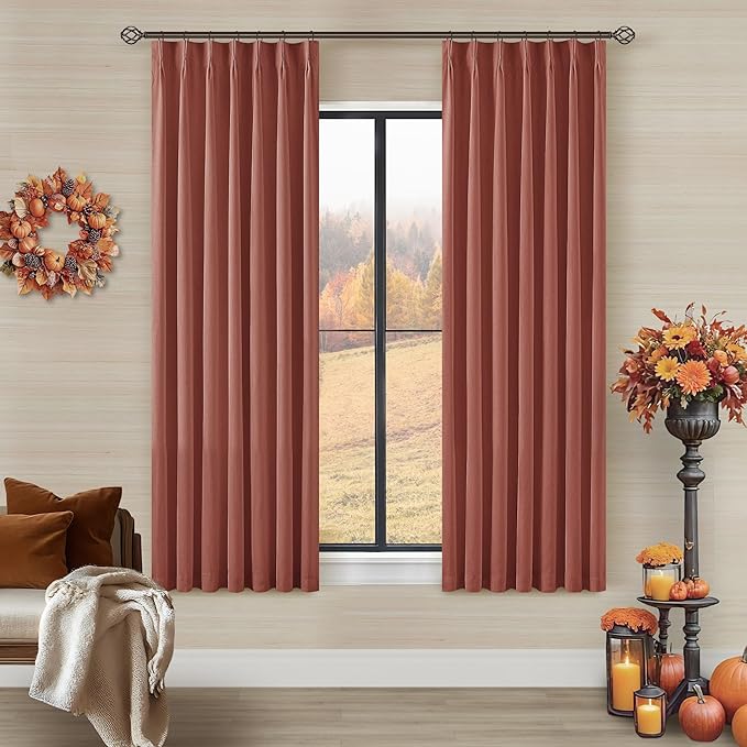 Firebrick 63 Inch Blackout Pleated Linen Curtains with Liner 2 Panels 40x63 | Memory Trained, 100% Black Out, Thermal Insulated, UV Blocking, Noise Reducing, Pinch Pleat Curtains for Small Window Bedroom