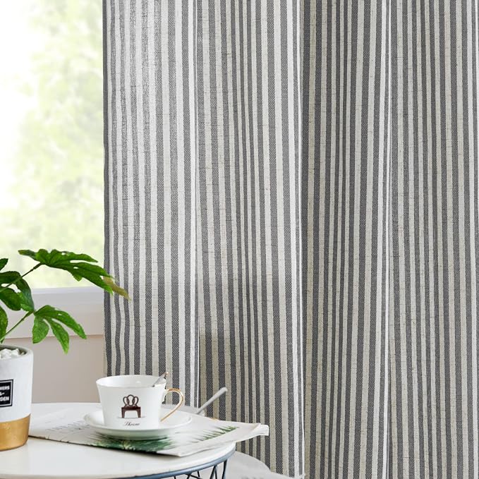 Vangao Linen Striped Curtains for Living Room Bedroom Farmhouse Tickingstripe Light Filtering Window Curtains Printed Drapes Grommet Top 2 Panels Charcoal Grey W50 x L84 Inch