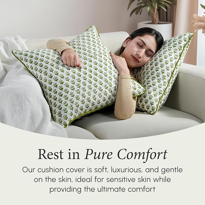 CPC 100% Cotton Throw Pillow Covers 18x18 Inch, Set of 2 Green Block Print Pattern Couch Pillow, Cute Boho Decorative Pillows for Living Room, Bedroom with Hidden Zipper- Emerald Green
