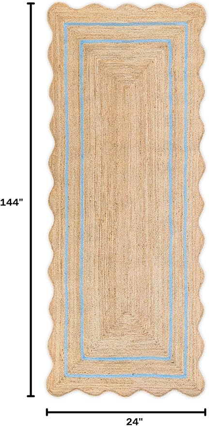 Wave Scalloped Natural Jute Rug Boho Jute Rug Entryway Runner Rug Farmhouse Scallop Rug, Sky Blue (2'x12')