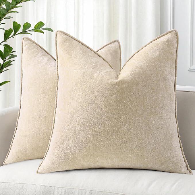 decorUhome Chenille Beige Velvet Throw Pillow Covers 22x22 Set of 2 | Fall Soft Euro Sham Couch Decorative Modern Farmhouse Pillow Cases with Elegant Design for Sofa Bed Living Room Home Decor