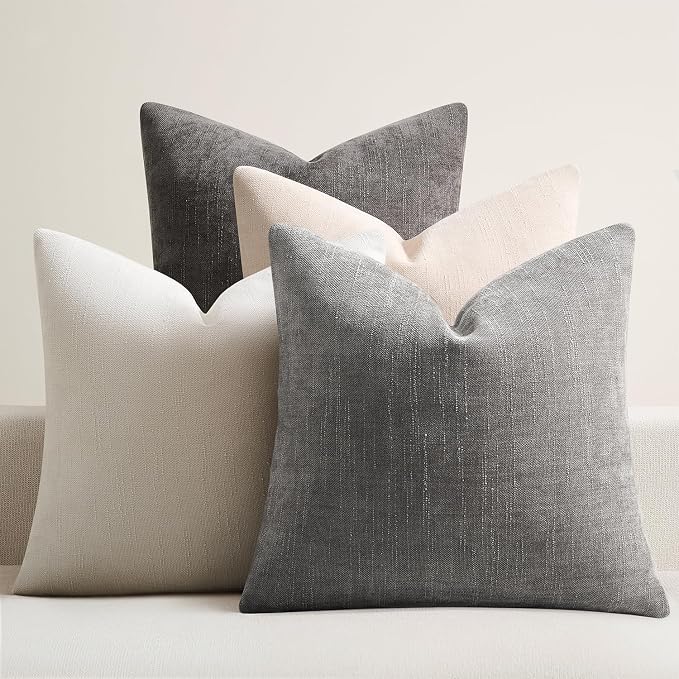 Pack of 4 Throw Pillow Covers 22x22 Inch Chenille Textured Neutral Grey Soft Pillow Covers Solid Decorative Farmhouse Cushion Covers Home Boho Decor for Couch Sofa Bed Living Room