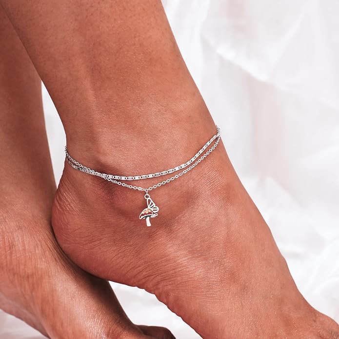 CHIC & ARTSY 925 Sterling Silver Ankle Bracelets for Women, Adjustable Layered Foot Chains with Nature & Symbol Charms, Lightweight Comfort Fit Boho Beach Everyday Jewelry