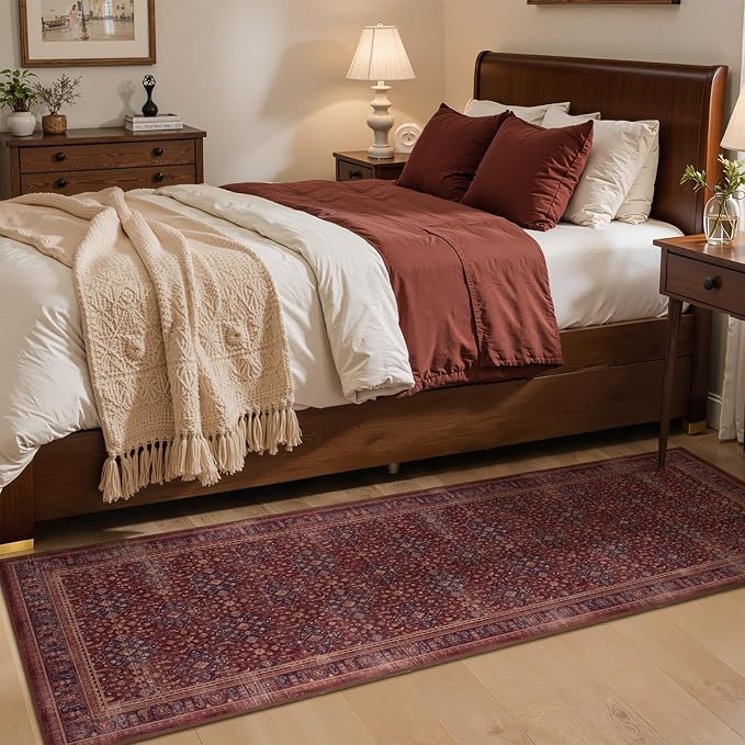 Amber Red 2x6 Kitchen Runner Rugs Non Skid Washable, Earth Tone Vintage Distressed Carpet Runners for Hallways 6ft, Luxurious Boho Floral Trellis Runner Bedroom/Bathroom/Entryway/Laundry Room