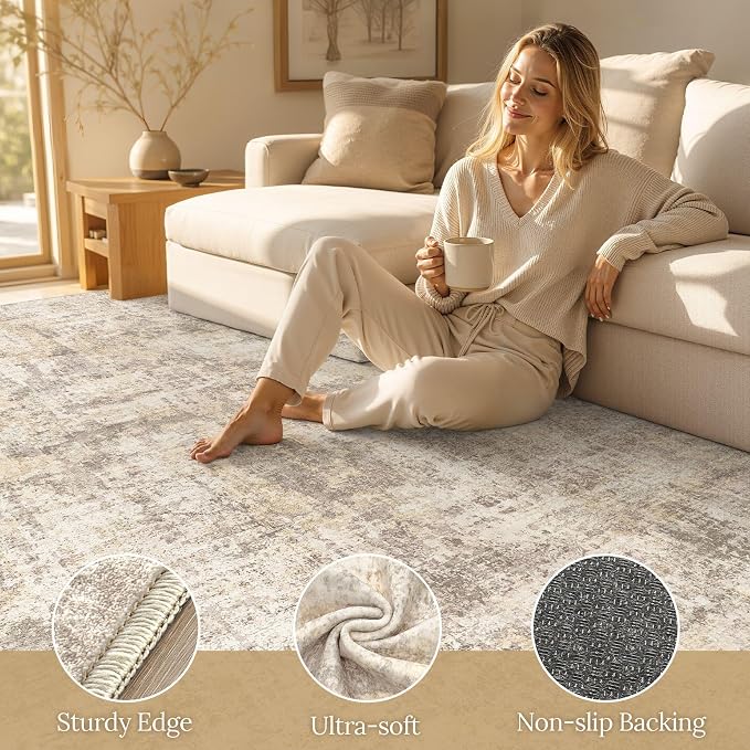 cotiled Washable Area Rug 9x12, Non-Slip Soft Neutral Rug for Living Room | Modern Abstract Carpet, Stain Resistant and Kid & Pet Friendly, Ideal For Bedroom, Dining Room, Nursery, Home Office - Beige