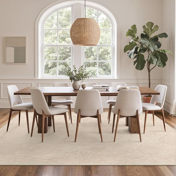GENIMO Soft Washable Area Rugs 8x10, 3D Modern Floral Rugs for Living Room, High-Low Pile Textured Non Slip Fuzzy Carpet, Non-Shedding Stain Resistant Thin Beige Rugs for Bedroom, Dining Room