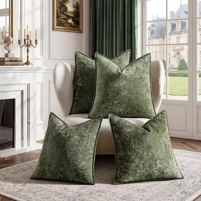 a moment Throw Pillow Covers 26X26 Inch 4 Packs,Soft Velvet Decorative Pillow Cases with 3D Ice Flower,Texture Modern Accent Cushion Covers for Sofa Couch Home Decor Moss Green