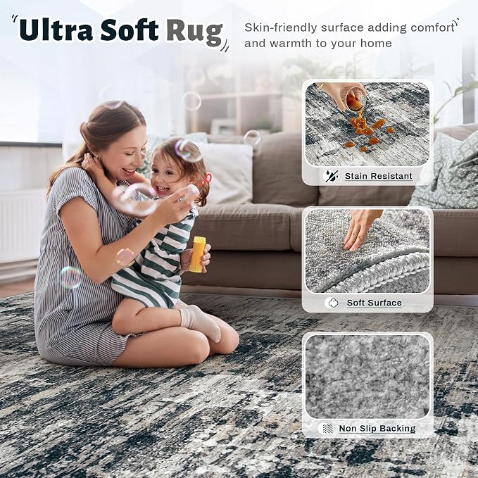 XLUEZ 6x9 Area Rugs for Living Room, Washable Modern Abstract Large Area Rug Neutral Soft Non Slip Kids Rug Stain Resistant Indoor Carpet for Bedroom Nursery Dining Room Playroom(BlackGrey, 6'x9')