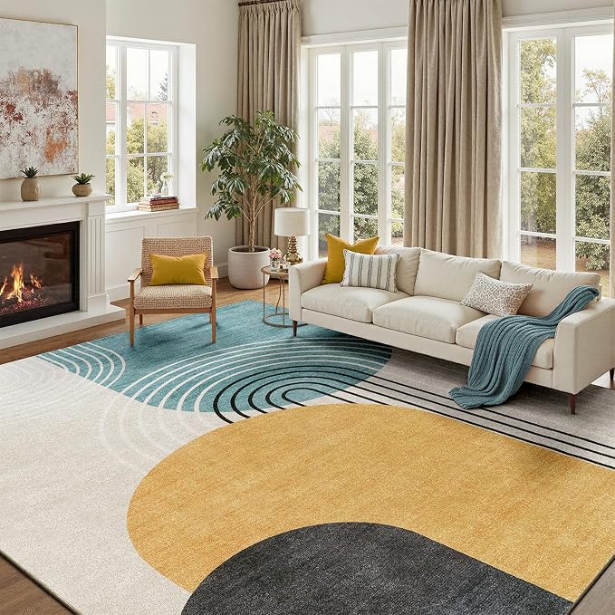 DCX Abstract Machine Washable 10x13 Rug, Mid Century Modern Rug for Living Room, Soft Low Pile Non Slip Carpet, Kid & Pet Friendly Stain Resistant Rug for Bedroom Dining Room Office, Blue & Yellow