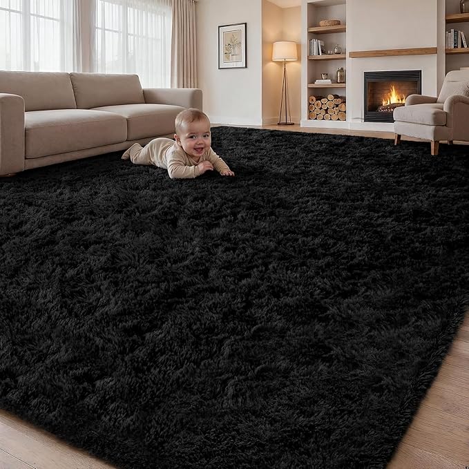 8x10 Area Rugs for Living Room Bedroom: Soft Fluffy Shag Rugs Upgrade Non-Slip High Pile Carpet Large Fuzzy Plush Indoor Floor Shaggy Carpets for Nursery Kid Playroom Office Dorms Home Decor Black