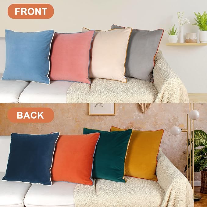 Velvet Throw Pillow Covers 22x22 Inch Set of 4 Decorative Velour Pillowcases Modern Double-Colored Cushion Covers for Sofa Couch, Cold