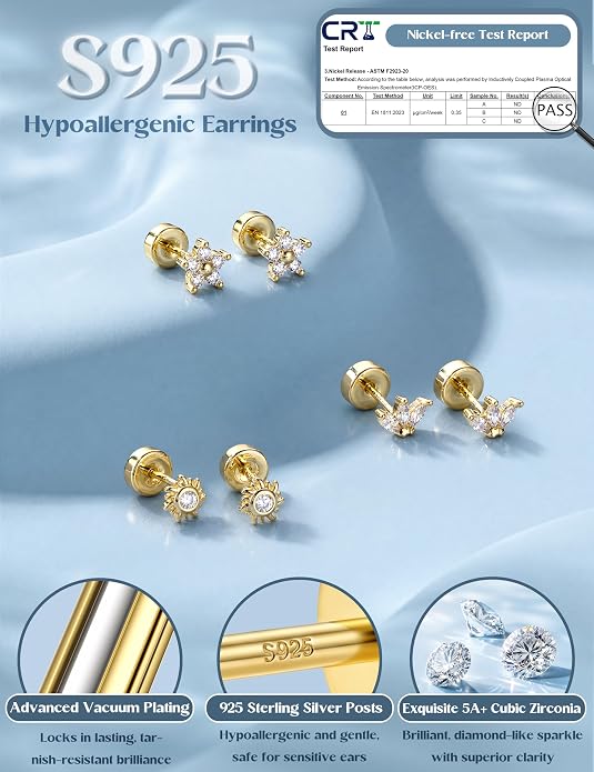 ORAZIO 925 Sterling Silver Flat Back Stud Earrings for Women Hypoallergenic 14K Gold Plated Cartilage Earrings for Sensitive Ears Small CZ Opal Conch Helix Tragus Piercing Jewelry 3 Pairs 20G