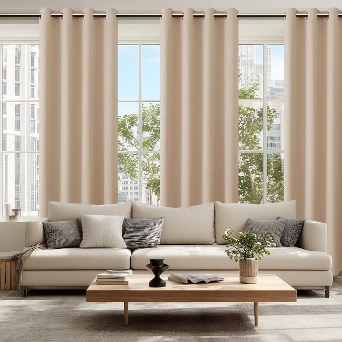 Hiasan Blackout Curtains for Bedroom, 52 x 84 Inches Long - Thermal Insulated & Energy Saving Window Curtains for Living Room, 2 Drape Panels Sewn with Tiebacks, Beige