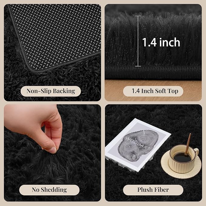Area Rug for Living Room Bedroom: 6x9 Black Soft Fluffy Shag Upgrade Non-Slip High Pile Carpet Large Fuzzy Plush Indoor Floor Decor Shaggy Rug for Kid Boys Girls Dorms Playroom Nursery Modern Home