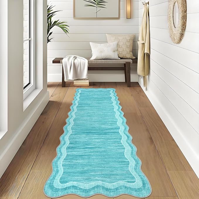 Garvee Washable Runner Rug 2x6 Scalloped Rugs for Bathroom Modern Kitchen Hallway Rugs Stain-Resistant Non-Slip Solid Rug Soft Scalloped Entryway Carpet Runner for Bathroom Laundry Bedside(Teal,2x6ft) | Modern Long Runner Rug for Entryway Bedroom, Non ...