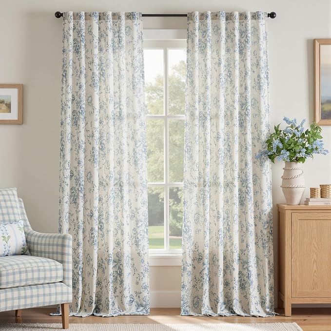 jinchan Blue Floral Linen Curtains 90 Inch Vintage Back Tab 2 Panels | Light filtering drapes, semi sheer, farmhouse, cottagecore, rustic, living room, bedroom, rod pocket, window treatment