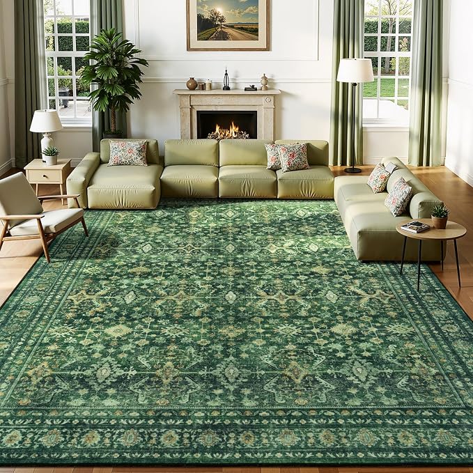 Lessymo 5x8 Washable Area Rug with Non Slip Backing,Soft Boho Indoor Carpets for Living Room Bedroom Nursery, Kid and Pet Friendly, Green