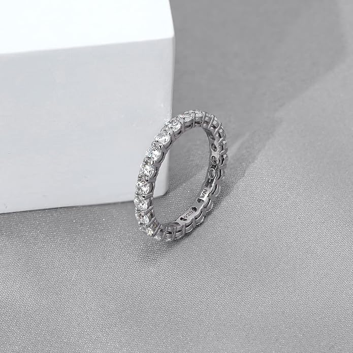 Amazon Essentials Platinum or Gold Plated Sterling Silver All-Around Band Ring set with Round Infinite Elements Cubic Zirconia