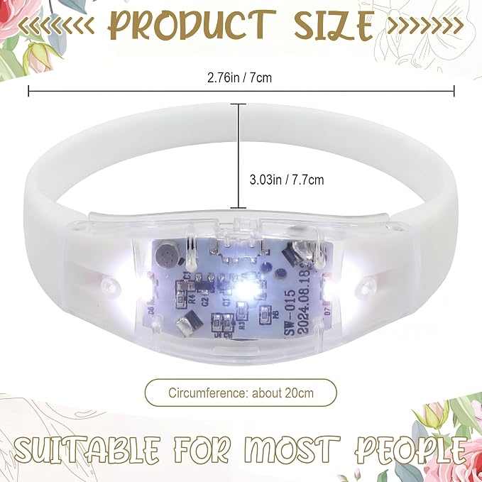 JellyArch 100 Pcs White LED Glow Bracelets, Sound Activated LED Bracelets for Wedding Reception Party Favors, Bridal Shower, Bachelorette Party, Rave, Concert, Birthday and Night Events