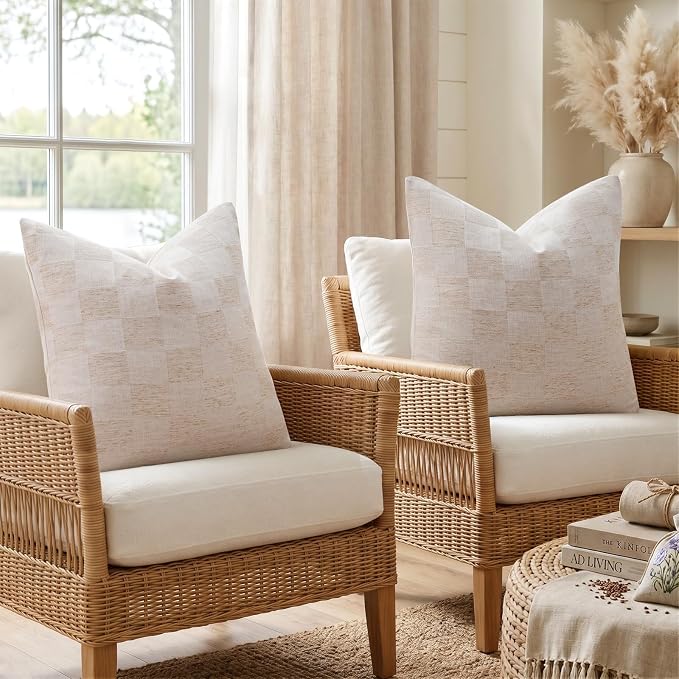 a moment Set of 2 Decorative Linen Throw Pillow Covers,Large Grid Textured Neutral Boho Farmhouse Cushion Covers,Soft Aesthetic Pillowcases for Couch Sofa Living Room Home Decor,22x22 Inch,Beige