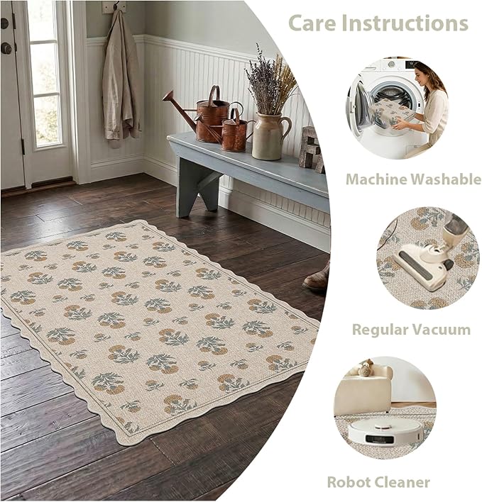 ORTIGIA Scalloped Easy Jute 3x5 Area Rug Vintage Yellow Floral Farmhouse Washable Rug Non-Slip Indoor Outdoor Carpet for Living Room Bedroom Kitchen Patio Entryway