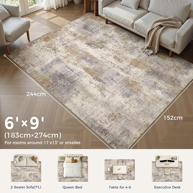 DMOYEST Area Rug Living Room Rugs - 6x9 Washable Soft Indoor Neutral Modern Abstract Low Pile Rug Carpet for Bedroom Dining Room Farmhouse Home Office - Brown Grey