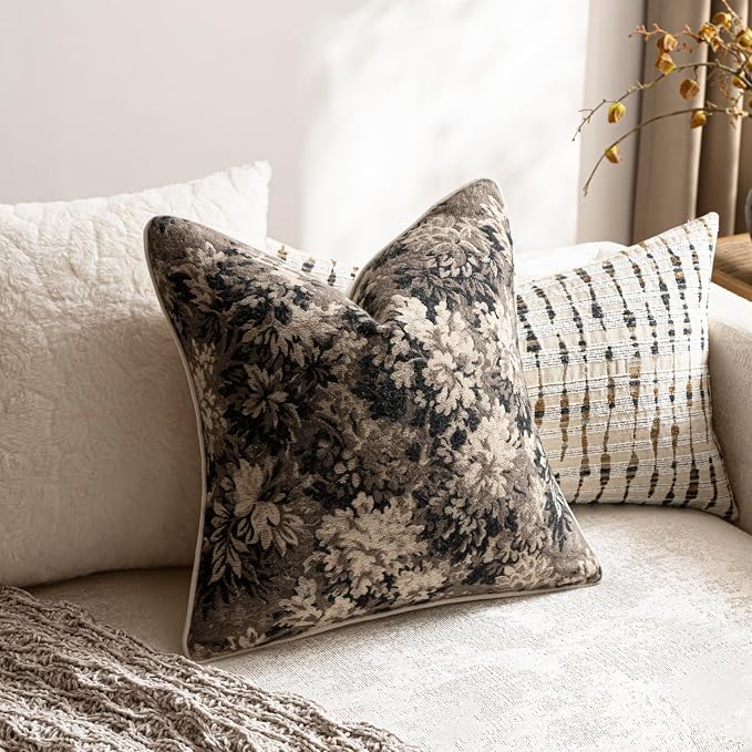 DEZENE Pack of 2 Vintage Floral Throw Pillow Covers 22x22 Boho Farmhouse Accents Chenille Square Decorative Pillow Cases for Living Room Couch Bed Home Decor, Taupe