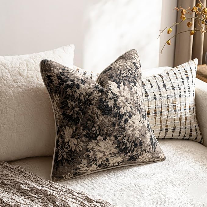 DEZENE Pack of 2 Vintage Floral Throw Pillow Covers 20x20 Boho Farmhouse Accents Chenille Square Decorative Pillow Cases for Living Room Couch Bed Home Decor, Taupe