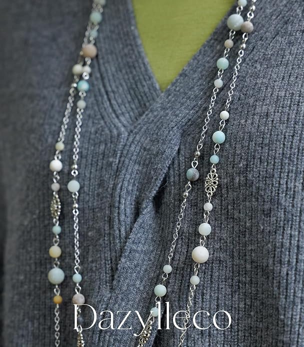 Long Beaded Silver Necklaces for Women Layered Long Statement Necklace with Stone Pearl Beads Double Sweater Chain Costume Jewelry for Women