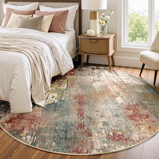 RELEANY Washable Area Rugs 8ft Non-Slip Modern Abstract Soft for Living Room Entryway Bedroom Kitchen, Print Pattern, Brown Rust Red Green Blue Multi