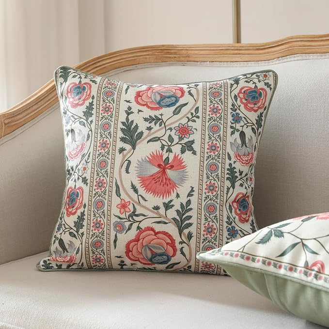 ISAENNE Designer Linen Throw Pillow Cover,Set of 2,18"x18"-Daffy B | Vintage French Elegant Square Pillow Cover,Concealed Zipper Design,Floral Pattern,Sofa,Bedroom,Living Room,Lounge Chairs