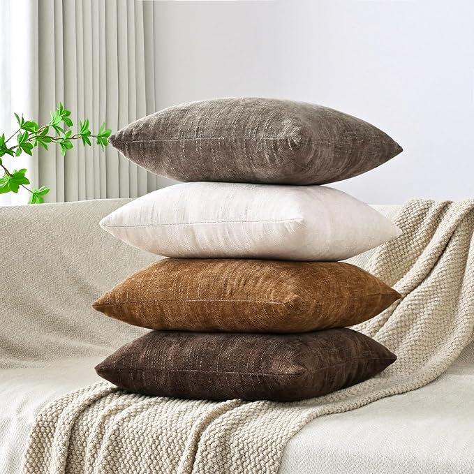 Set of 4 Soft Textured Decorative Throw Pillow Covers 24x24 Inch Cozy Farmhouse Cushion Cover Square Accent Pillow Cases for Bed Couch Sofa Living Room, Beige Taupe Brown