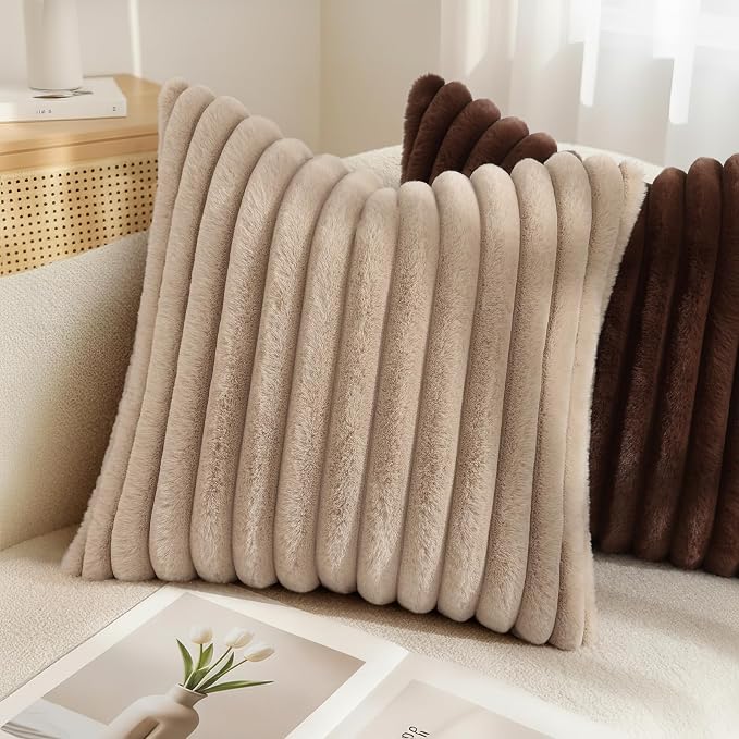 decorUhome Fall Faux Fur Throw Pillow Covers 20x20 Set of 2 Dark Brown | Decorative Soft Cozy Striped Plush Modern Farmhouse Boho Couch Pillow Cases Velvet Back for Sofa Bed Living Room Home Decor