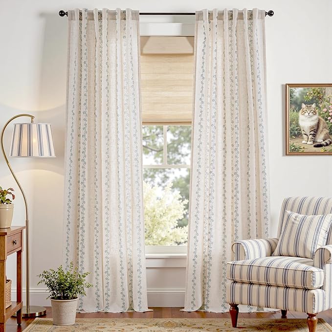 Lazzzy Cathy Linen Floral Curtains for Living Room Privacy Curtains 96 inch Length Set of 2 for Bedroom Rod Pocket Back Tab Light Filtering Drapes Farmhouse Cottage Core Decor 50"x96" Blue on Linen