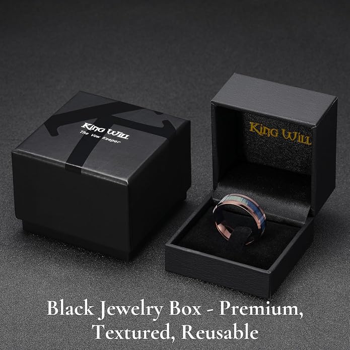 King Will Black Tungsten Wedding Band For Men, 8mm Promise Ring Inlay Red Twill Pattern/Colorful Wood Chips, High Polished Beveled Edge - Suitable For Daily Wear, Comfort Fit Size 7-14