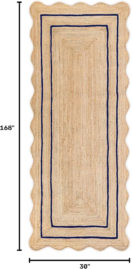 Wave Scalloped Natural Jute Rug Boho Entryway Runner Farmhouse Scallop, Navy (2'6"x14')