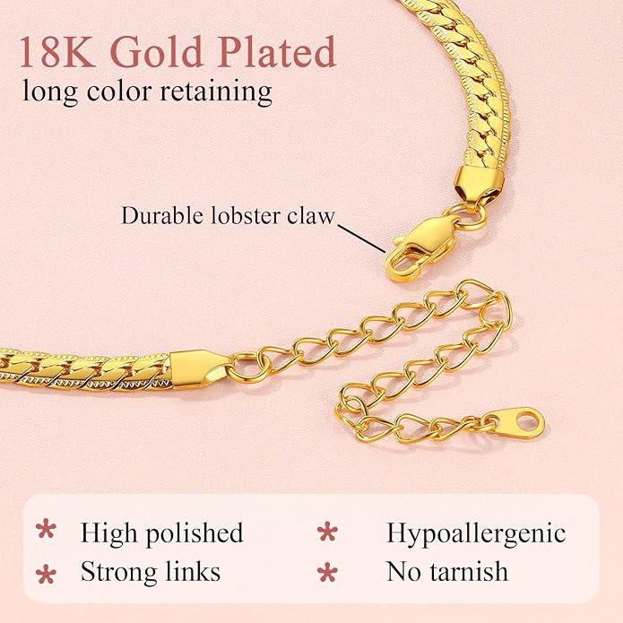 FindChic Black/14K Gold Plated Herringbone Choker Chain Necklace for Women | Waterproof Stainless Steel, Dainty Layering, Flat Snake Chain, Non-Tarnish, Hypoallergenic, Adjustable Extender, Gift Box