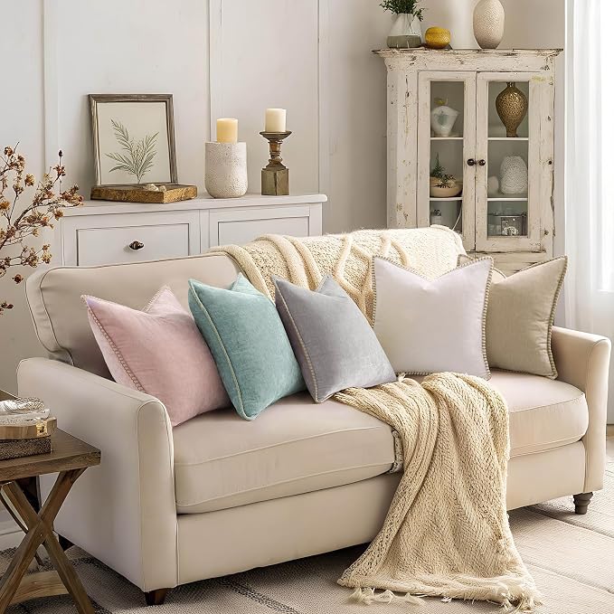 decorUhome Soft Chenille Throw Pillow Covers 12x12 Set of 2 Aqua Haze | Fall Textured Decorative Throw Pillow Cases Stitched Edge Modern Farmhouse Luxury Boho Velvet for Couch Sofa Bed Home Decor