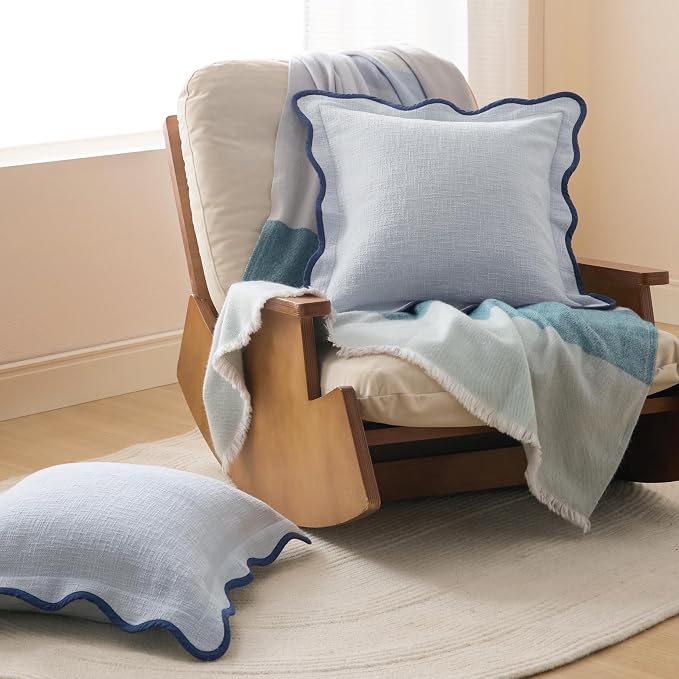 Double Stitch Scalloped Throw Pillow Covers - 100% Cotton Set of 2 Decorative Boho Pillow Covers 20 x 20, Made in India, Square Cushion Case, Modern Home Decor for Couch Sofa Living Room, Arctic Blue