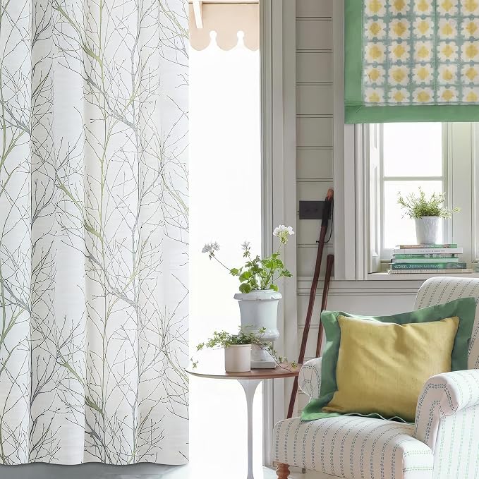 FMFUNCTEX Linen Sage Green White Semi Sheer Print Curtains 72 Inch 2 Panels | Branch Sheer Patterned Drapes, Light Filtering Grommet Panels for Bedroom, Living Room, Basement, Farmhouse Window Curtain